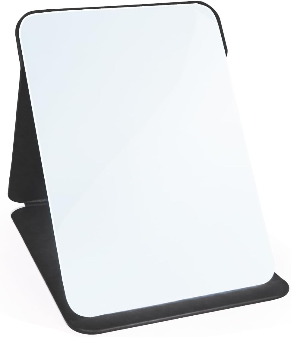 Makeup Mirror, 6x8 Inches Portable PU Leather Mirror, Folding Desktop Vanity Mirror with Adjustable Stand for Vanity Table, Office, Travel (M, Black)