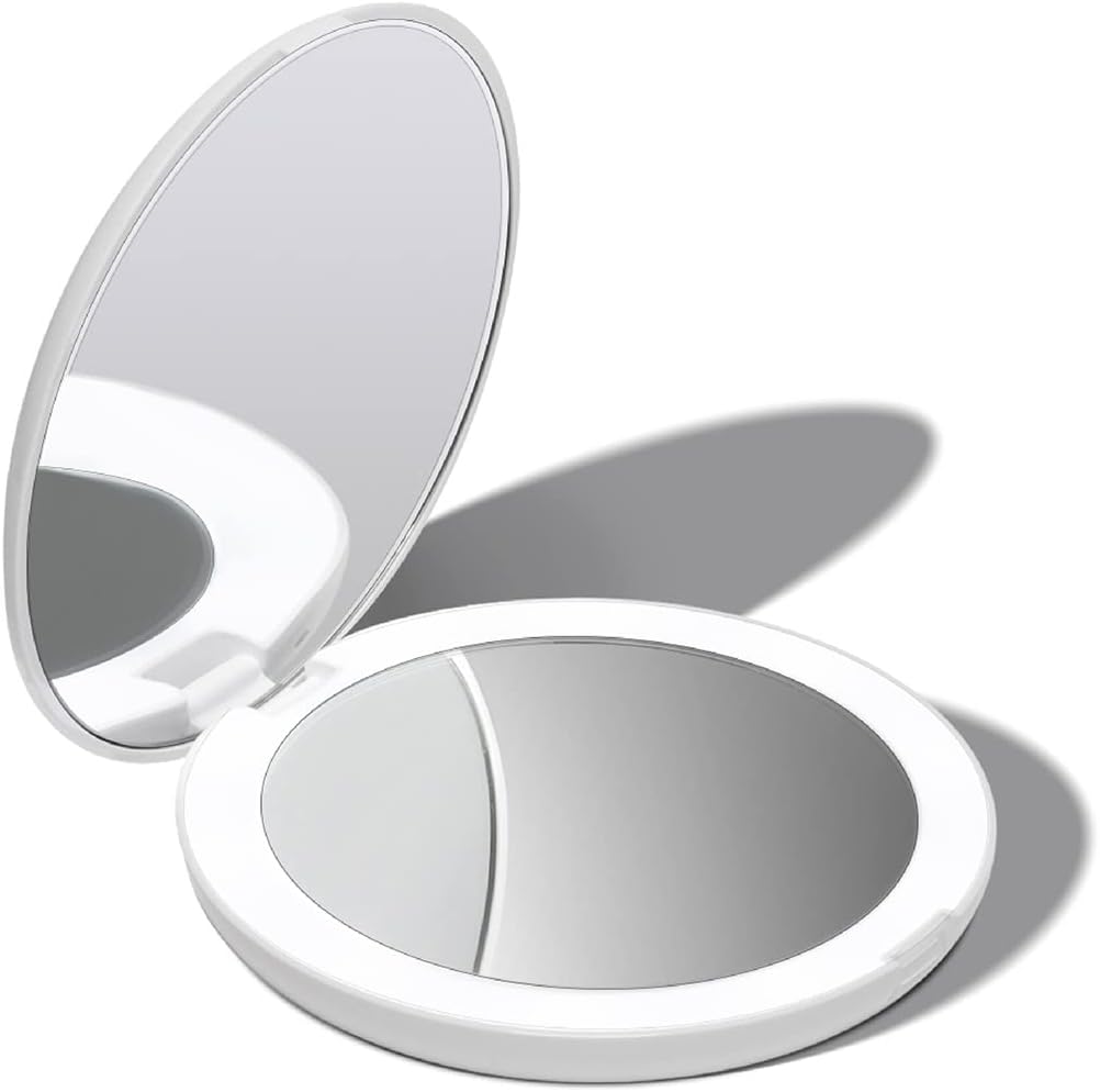 Fancii LED Lighted Travel Makeup Mirror, 1x/10x Magnification - Daylight LED, Compact, Portable, Large 5" Wide Illuminated Folding Mirror (Lumi) White