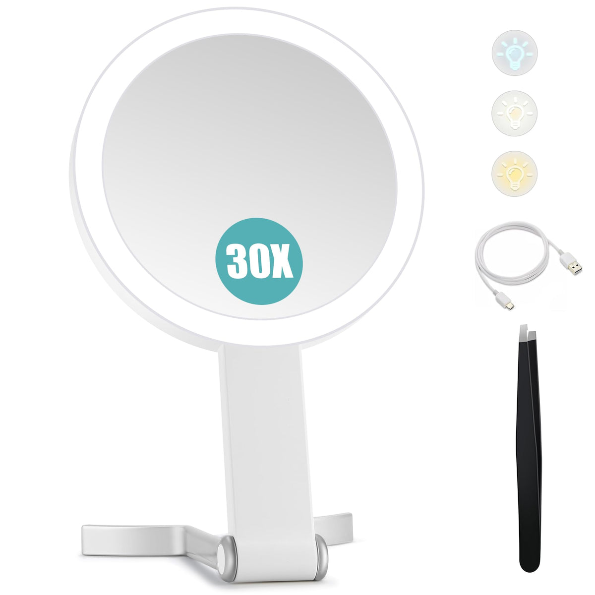 B Beauty Planet Magnifying Mirror with Light 30X, Double-Sided 1X/ 30X Magnifying Makeup Mirror with Tweezer, 2000mAh 3 Colour Modes with Adjustable Brightness,Foldable Travel Mirror(9" L x 7" W)