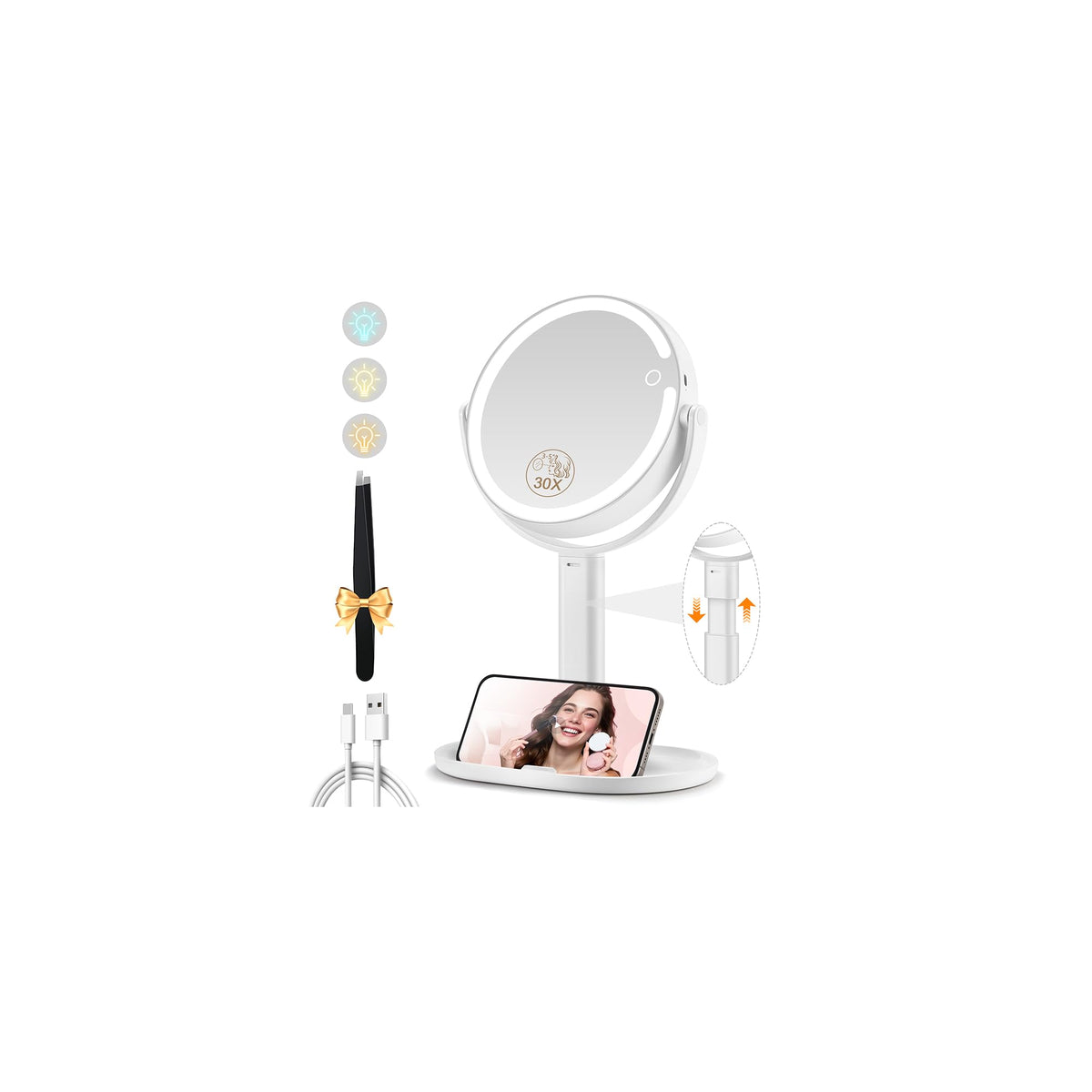 MOMOKUBA Makeup Mirror with Lights, 20X Magnifying Mirrors, Height Adjustable, Vanity Mirror with Lights Rechargeable 3 Color Modes, Double-Sided Detachable Travel Mirrors, Gift for Women, White