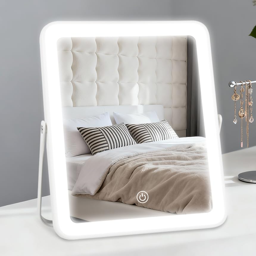 YEKKOPT Rechargeable Vanity Mirror with Lights,Desk Makeup Mirror with Lights,Portable Travel for Makeup Desk ＆ Dressing Room,3 Color Lighting, Dimmable Touch Screen