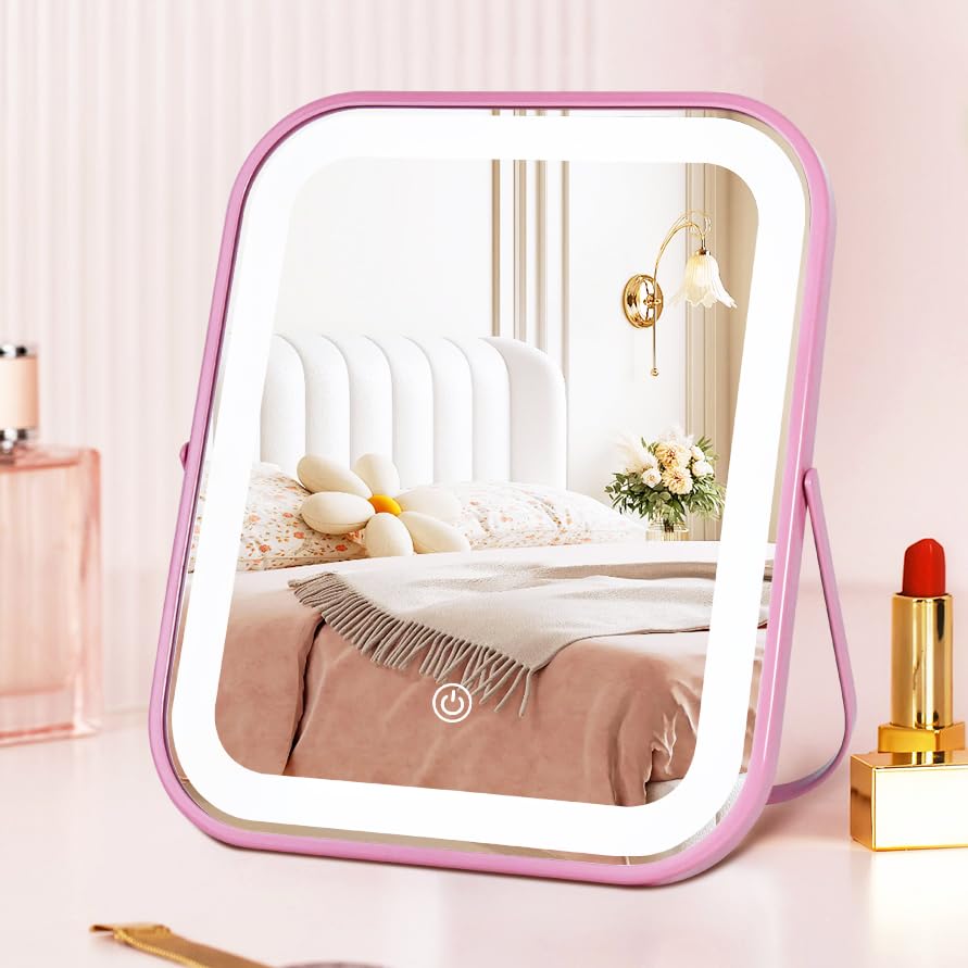 YEKKOPT Travel Makeup Mirror with Lights, Portable Small Beauty LED Vanity Mirror with Lights, 1200mAh Battery, Dimmable Touch Screen, Tabletop Folding Compact Mirror,Women Gift
