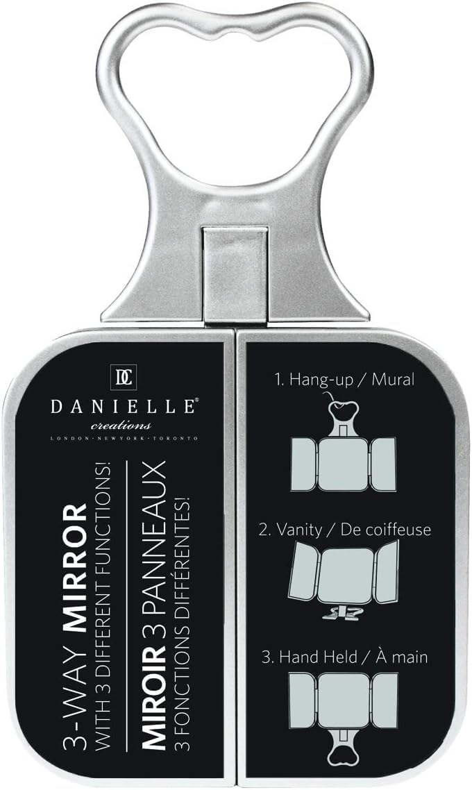 Danielle Creations 3-Way Foldable Travel Makeup Mirror with Built in Stand and Handle, Silver