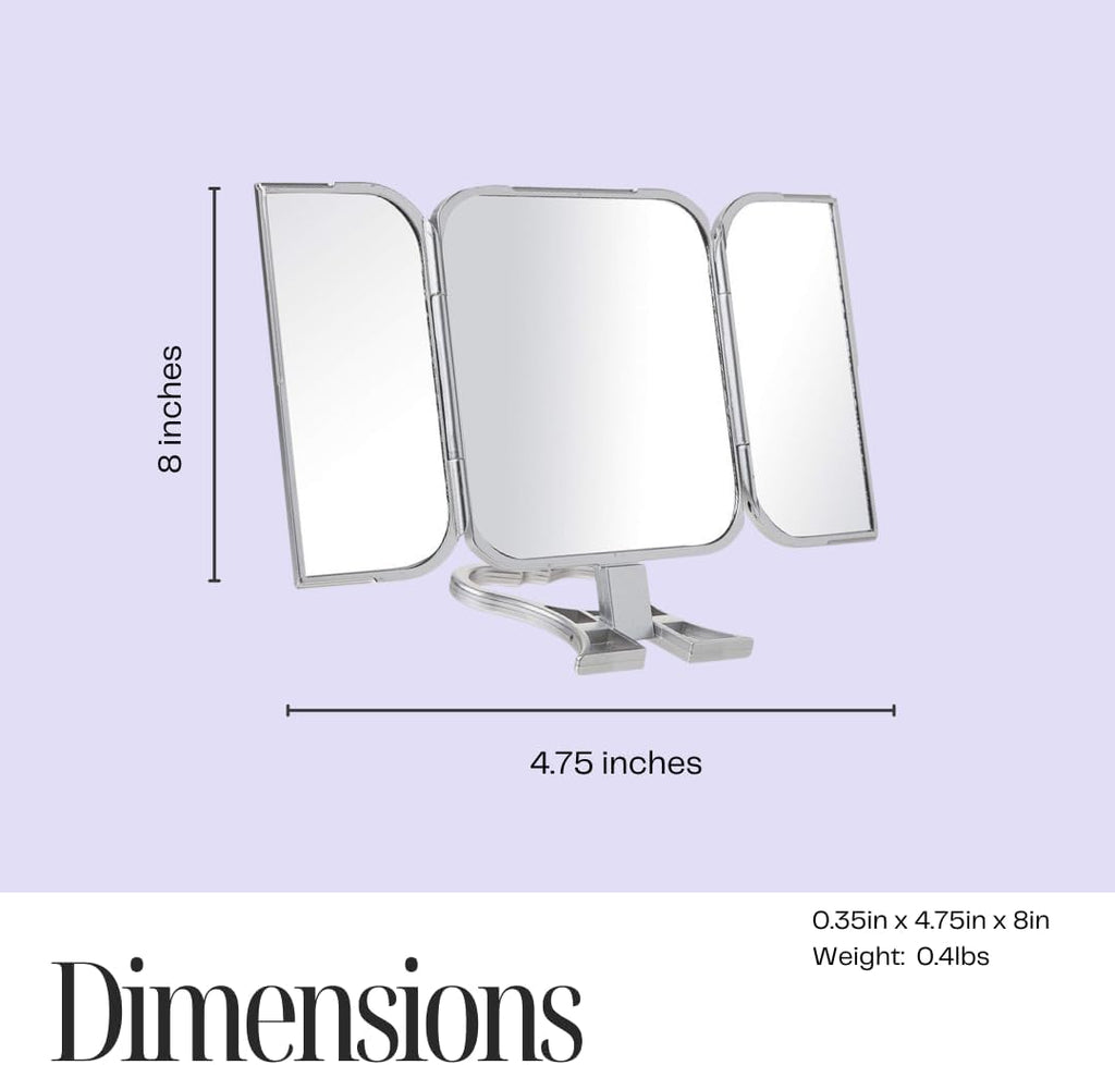 Danielle Creations 3-Way Foldable Travel Makeup Mirror with Built in Stand and Handle, Silver