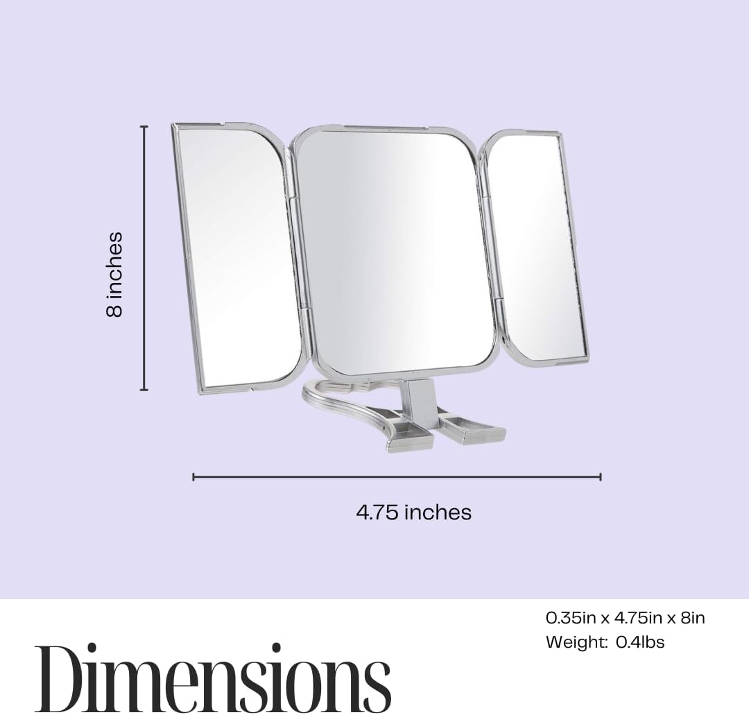 Danielle Creations 3-Way Foldable Travel Makeup Mirror with Built in Stand and Handle, Silver