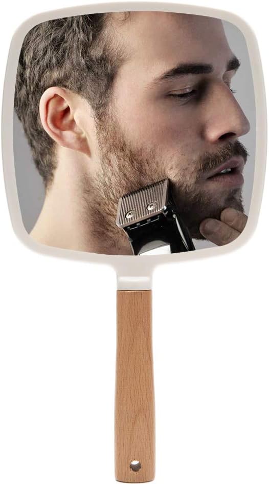 YEAKE Hand Held Mirror with Handle for Makeup,Small Cute Wood Hand Mirror for Shaving with Hole Hanging Single-Sided Portable Travel Vanity Mirror for Men&Women(Square)