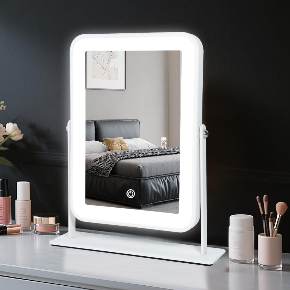 YEKKOPT Rechargeable Vanity Mirror with Lights,Desk Makeup Mirror with Lights,Portable Travel for Makeup Desk ＆ Dressing Room,3 Color Lighting, Dimmable Touch Screen