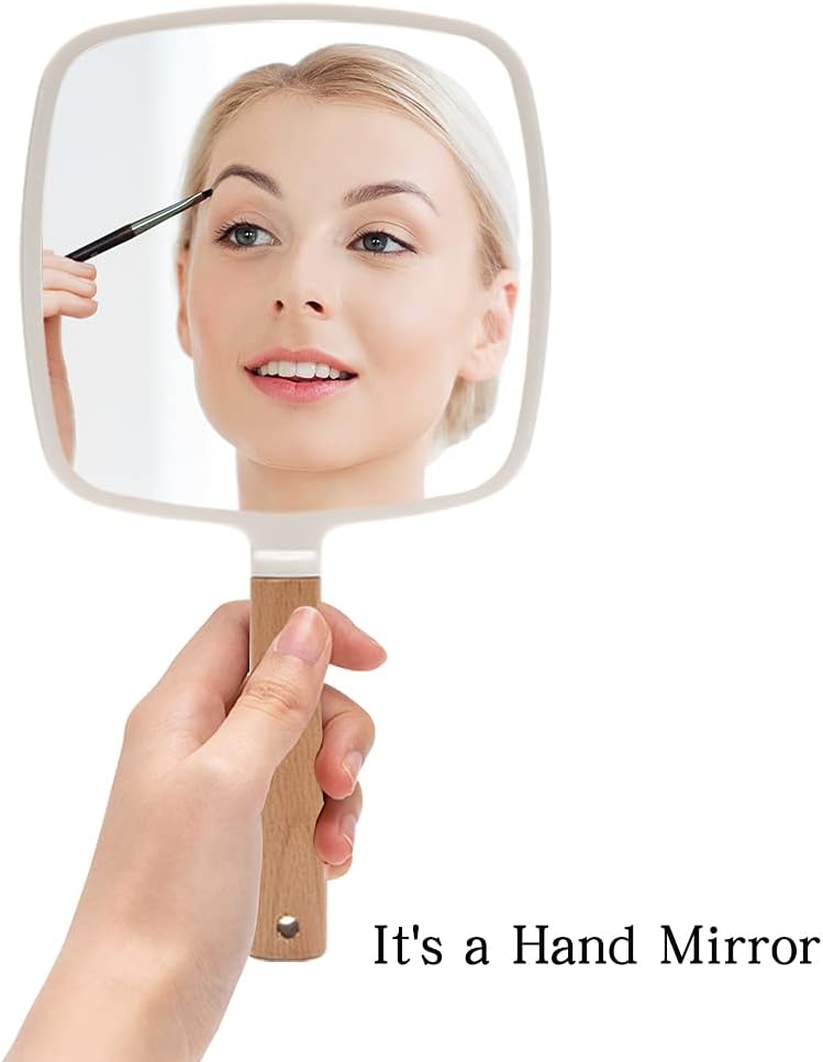 YEAKE Hand Held Mirror with Handle for Makeup,Small Cute Wood Hand Mirror for Shaving with Hole Hanging Single-Sided Portable Travel Vanity Mirror for Men&Women(Square)