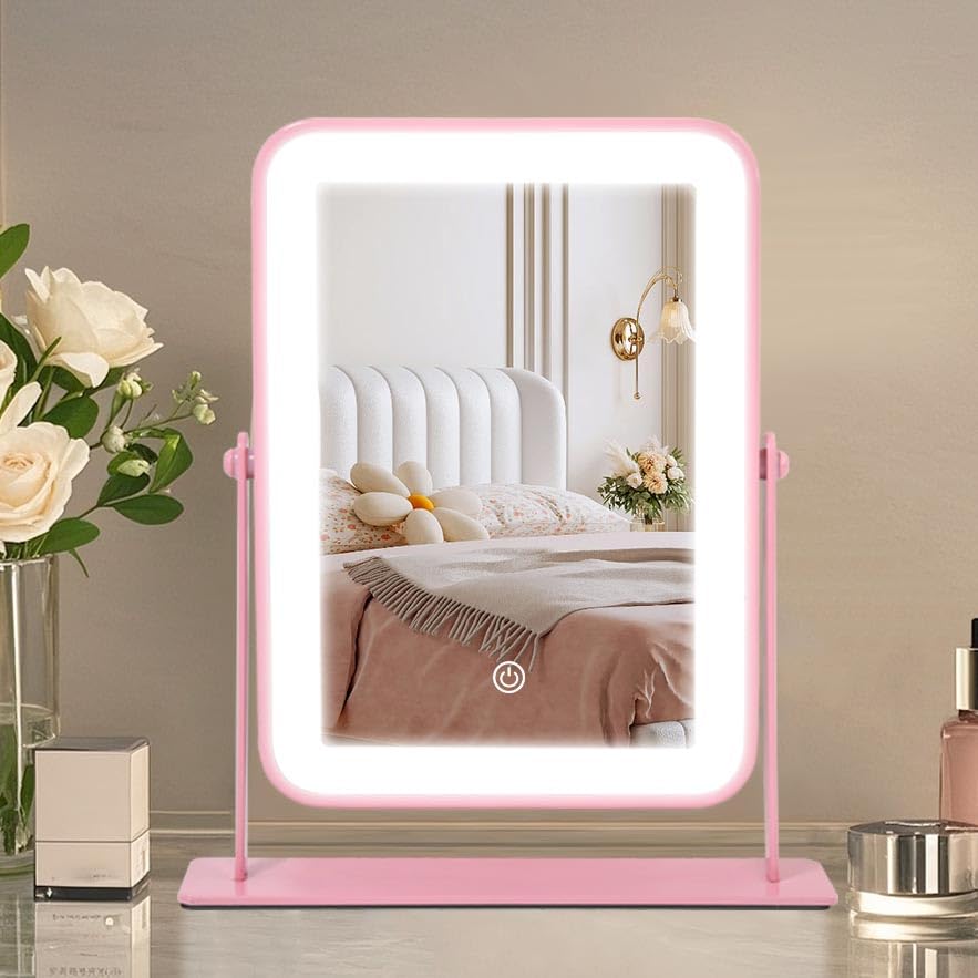 YEKKOPT Rechargeable Vanity Mirror with Lights,Desk Makeup Mirror with Lights,Portable Travel for Makeup Desk ＆ Dressing Room,3 Color Lighting, Dimmable Touch Screen