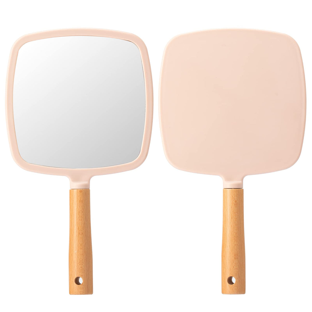 YEAKE Hand Held Mirror with Handle for Makeup,Small Cute Wood Hand Mirror for Shaving with Hole Hanging Single-Sided Portable Travel Vanity Mirror for Men&Women(Square)