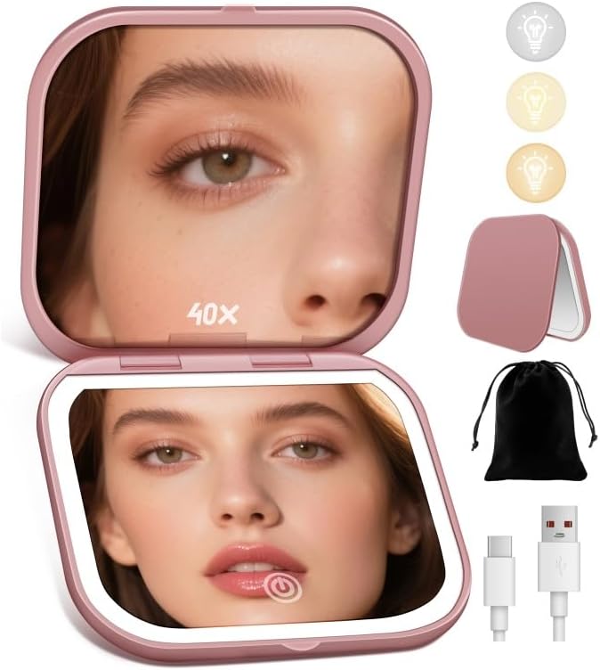 Magnifying Mirror with Light, Rechargeable Compact Makeup Mirror 40X Rose