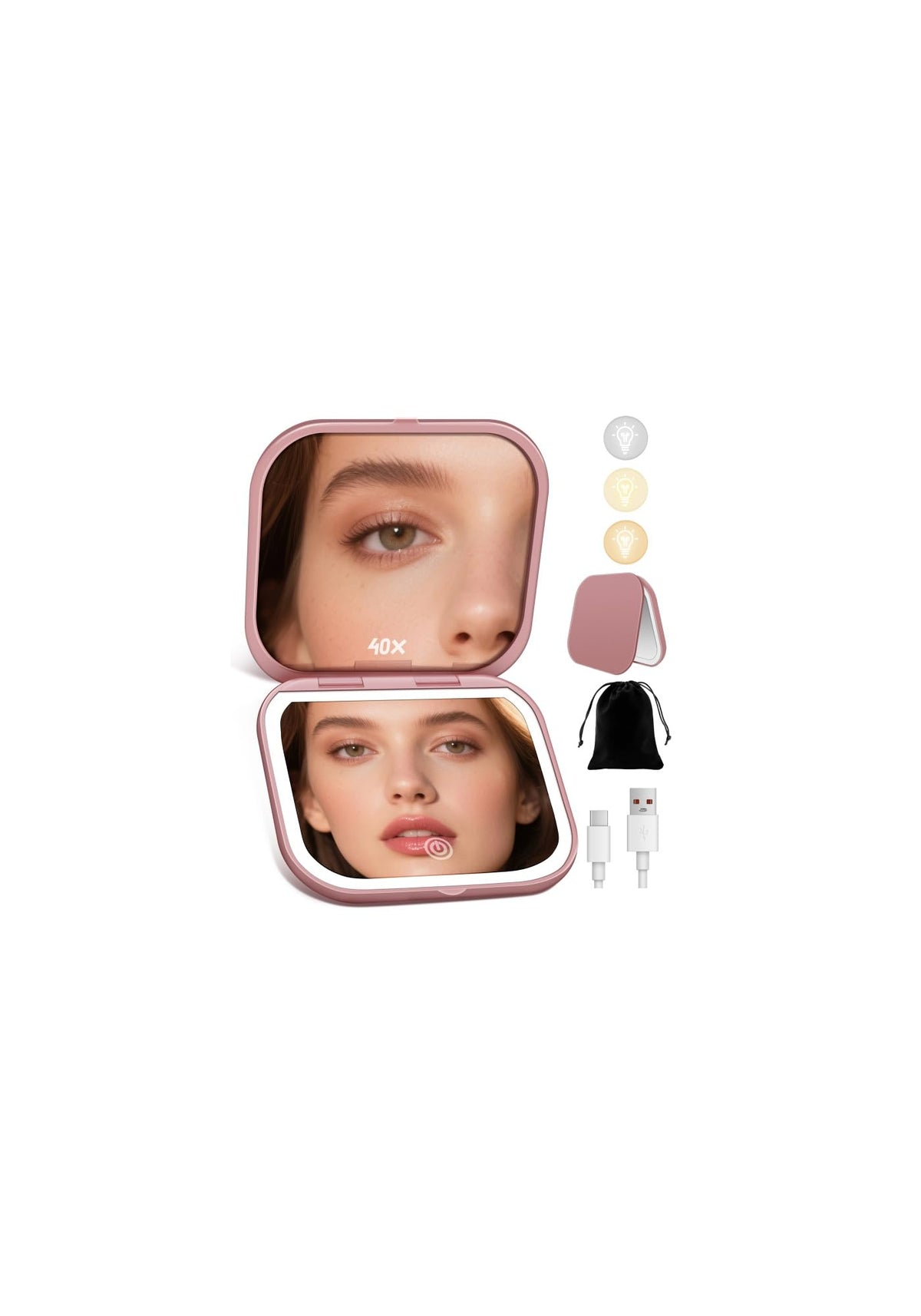 Magnifying Mirror with Light, Rechargeable Compact Makeup Mirror 40X Rose