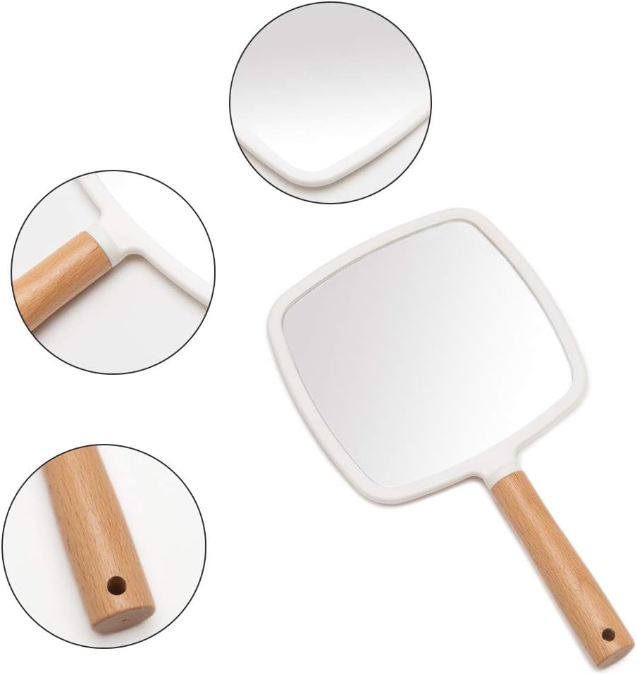 YEAKE Hand Held Mirror with Handle for Makeup,Small Cute Wood Hand Mirror for Shaving with Hole Hanging Single-Sided Portable Travel Vanity Mirror for Men&Women(Square)