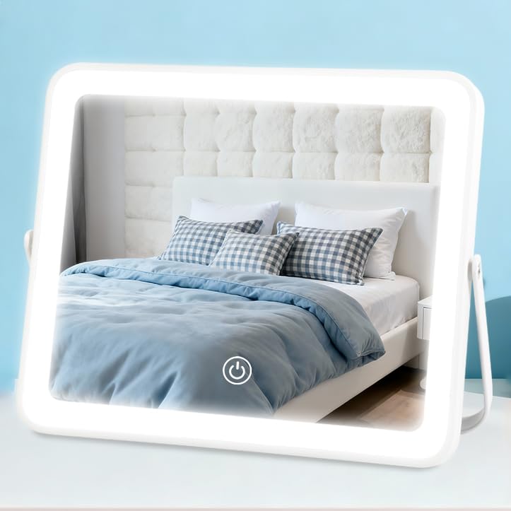 YEKKOPT Travel Makeup Mirror with Lights, Portable Small Beauty LED Vanity Mirror with Lights, 1200mAh Battery, Dimmable Touch Screen, Tabletop Folding Compact Mirror,Women Gift