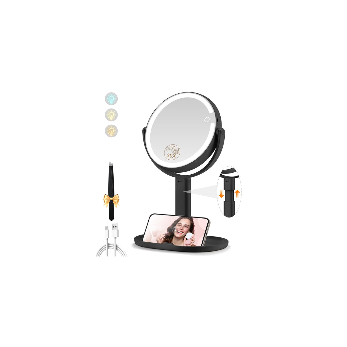 MOMOKUBA Makeup Mirror with Lights, 20X Magnifying Mirrors, Height Adjustable, Vanity Mirror with Lights Rechargeable 3 Color Modes, Double-Sided Detachable Travel Mirrors, Gift for Women, White