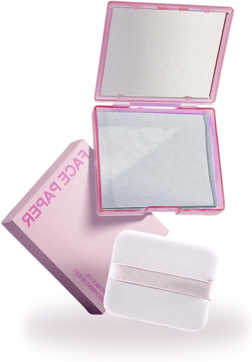 SYNTHORA Oil Blotting Papers for Face, 100 Sheets Oil Absorbing Blotting Paper with Mirror & Puff, Linen Fiber Shine Control Sheets, Makeup Friendly Portable Oil Control for Oily Skin(Purple)