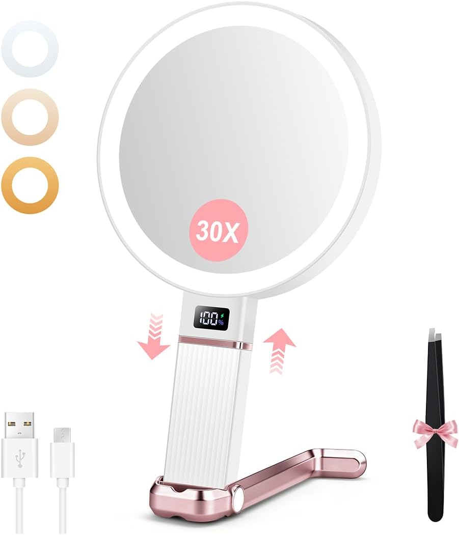 MIYADIVA Travel Makeup Mirror with Lights, Height Adjustable 30X/1X Double-Sided Magnifying Mirror, Portable Vanity Mirror with Digital Display & Phone Holder, Handheld Tabletop Hanging, Rose Gold