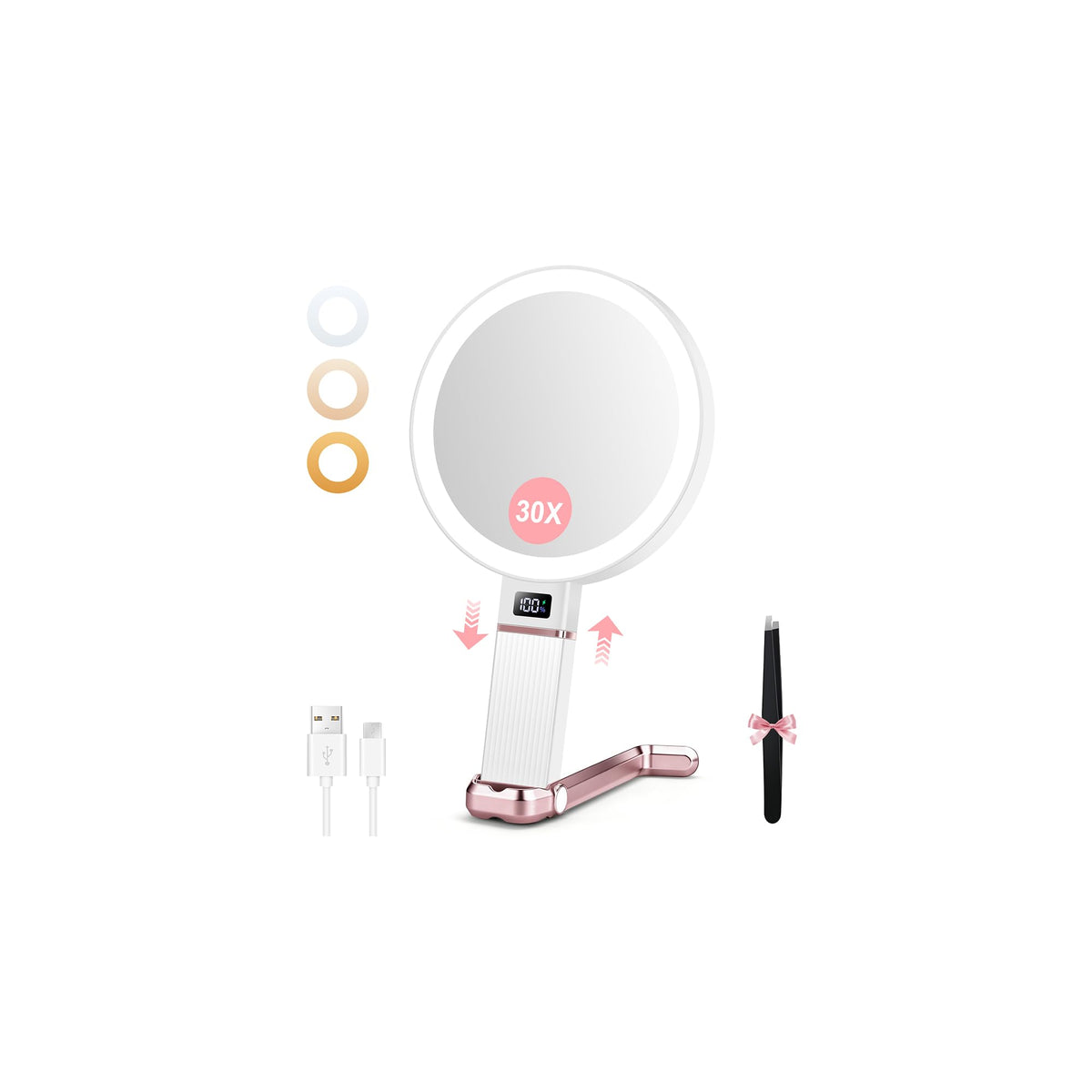 MIYADIVA Travel Makeup Mirror with Lights, Height Adjustable 30X/1X Double-Sided Magnifying Mirror, Portable Vanity Mirror with Tweezers, Handheld Tabletop Hanging, White