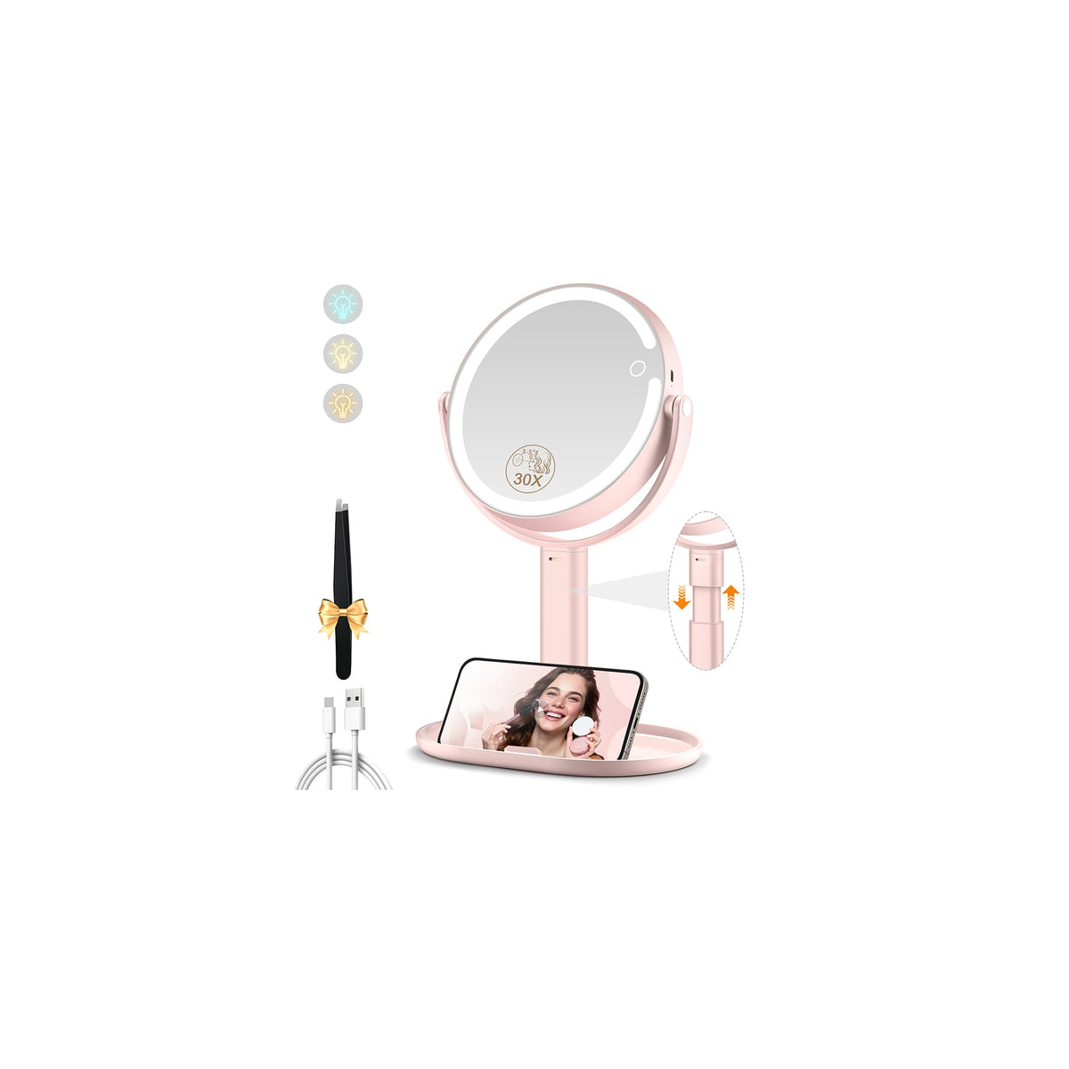MOMOKUBA Makeup Mirror with Lights, 20X Magnifying Mirrors, Height Adjustable, Vanity Mirror with Lights Rechargeable 3 Color Modes, Double-Sided Detachable Travel Mirrors, Gift for Women, White
