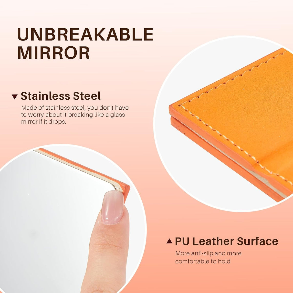 Compact Folding Mirror, 3.9" Stainless Steel Travel Mirror with PU Leather Case Cover for Makeup, Small Handheld Mirror for Pocket Purse, Mini Foldable Mirrors with Stand(Orange)