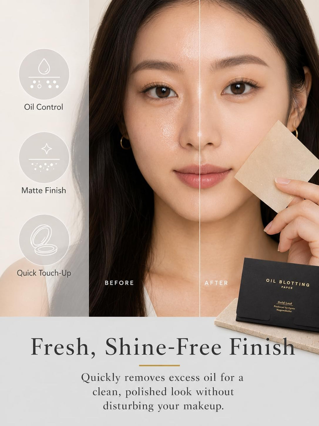 Gold Leaf Look Oil Blotting Paper, 100 Sheets, Made in Japan Aburatorigami, Premium Japanese Face Oil Absorbing Sheets for Oily Skin, Black Gold Foil Package