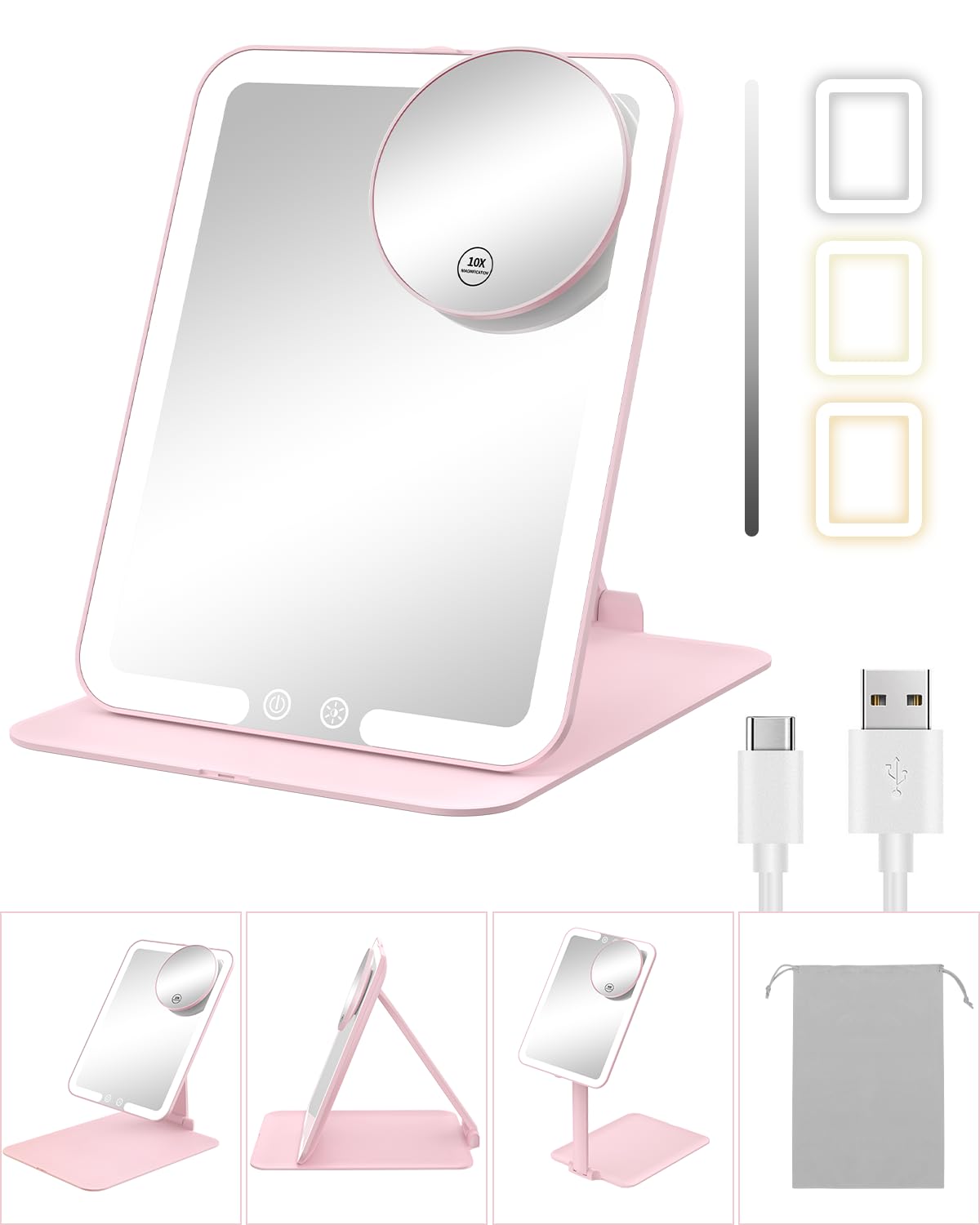 Gospire Travel Makeup Mirror with Lights and Magnification 10X, White