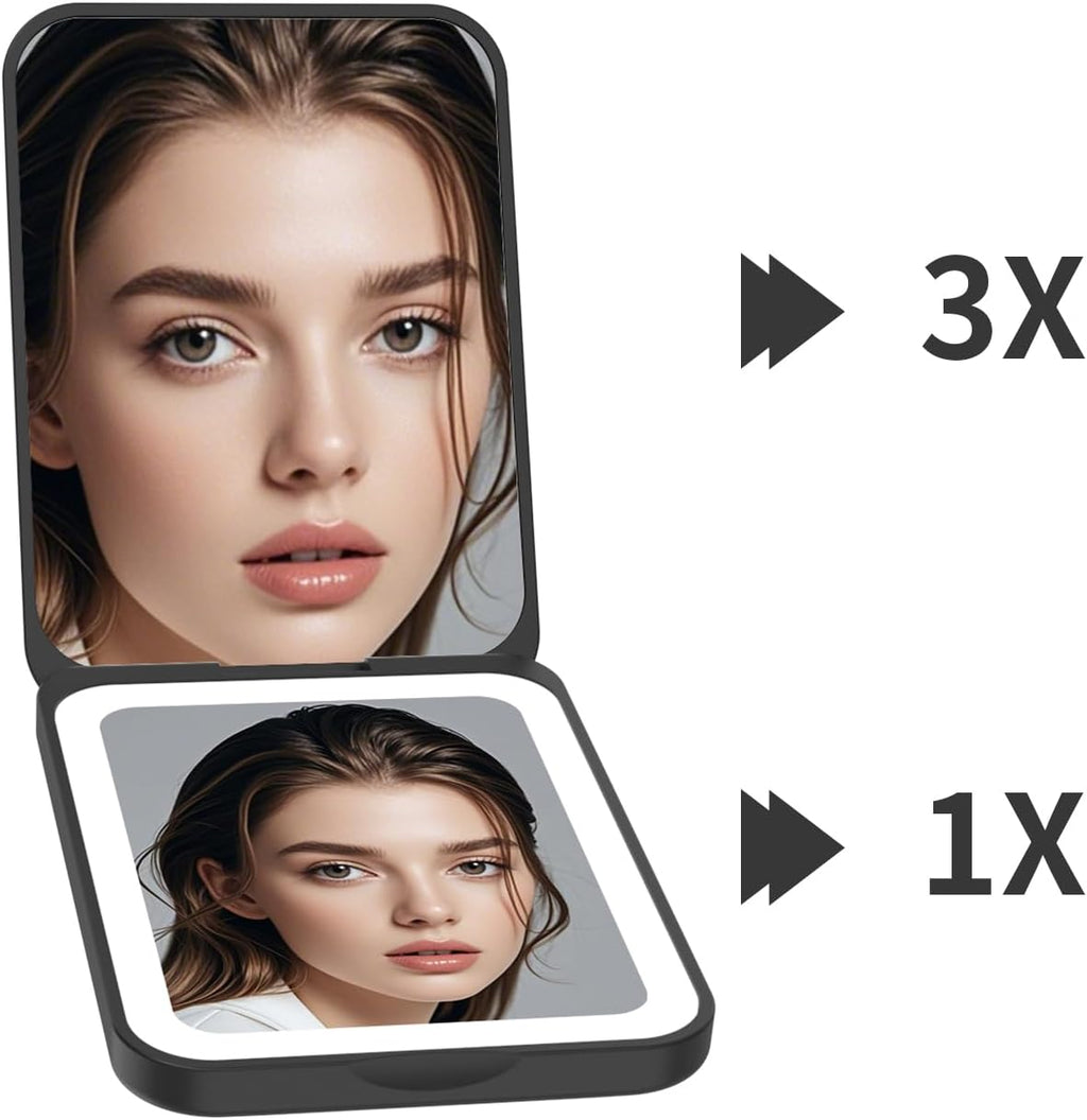 Kintion 1X/3X Pocket Mirror, 3 Color Lighting LED Compact Mirror (Black)