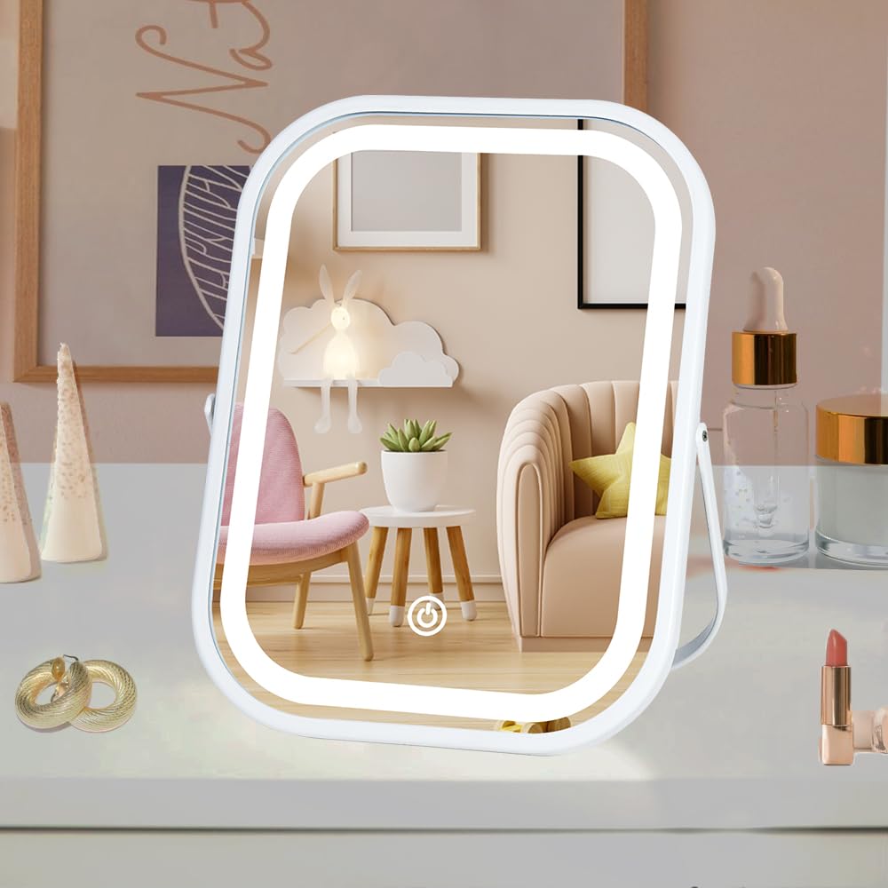 Vanity Mirror with Lights 6x8 Inch, Rechargeable Makeup Mirror for Desk, 3-Color Lighting & Touch Control Tabletop Mirror Lights, Portable Cordless Travel Mirror