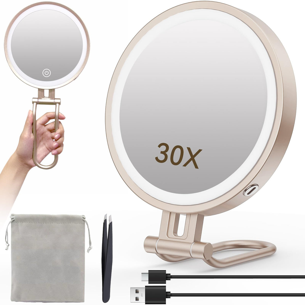 Travel Makeup Mirror with Lights,3000mAh Rechargeable 1X/30X Magnifying Mirror with Light, 7" Portable Lighted Beauty Mirror, Make Up Mirrors with 3 Light Colors, Dimmable Tabletop Handhold Hanging(B)