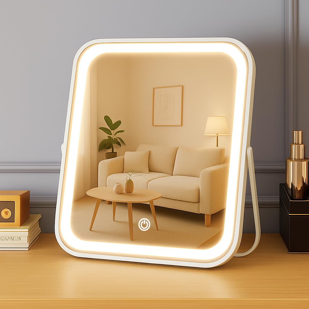 YEKKOPT Rechargeable Vanity Mirror with Lights,Desk Makeup Mirror with Lights,Portable Travel for Makeup Desk ＆ Dressing Room,3 Color Lighting, Dimmable Touch Screen