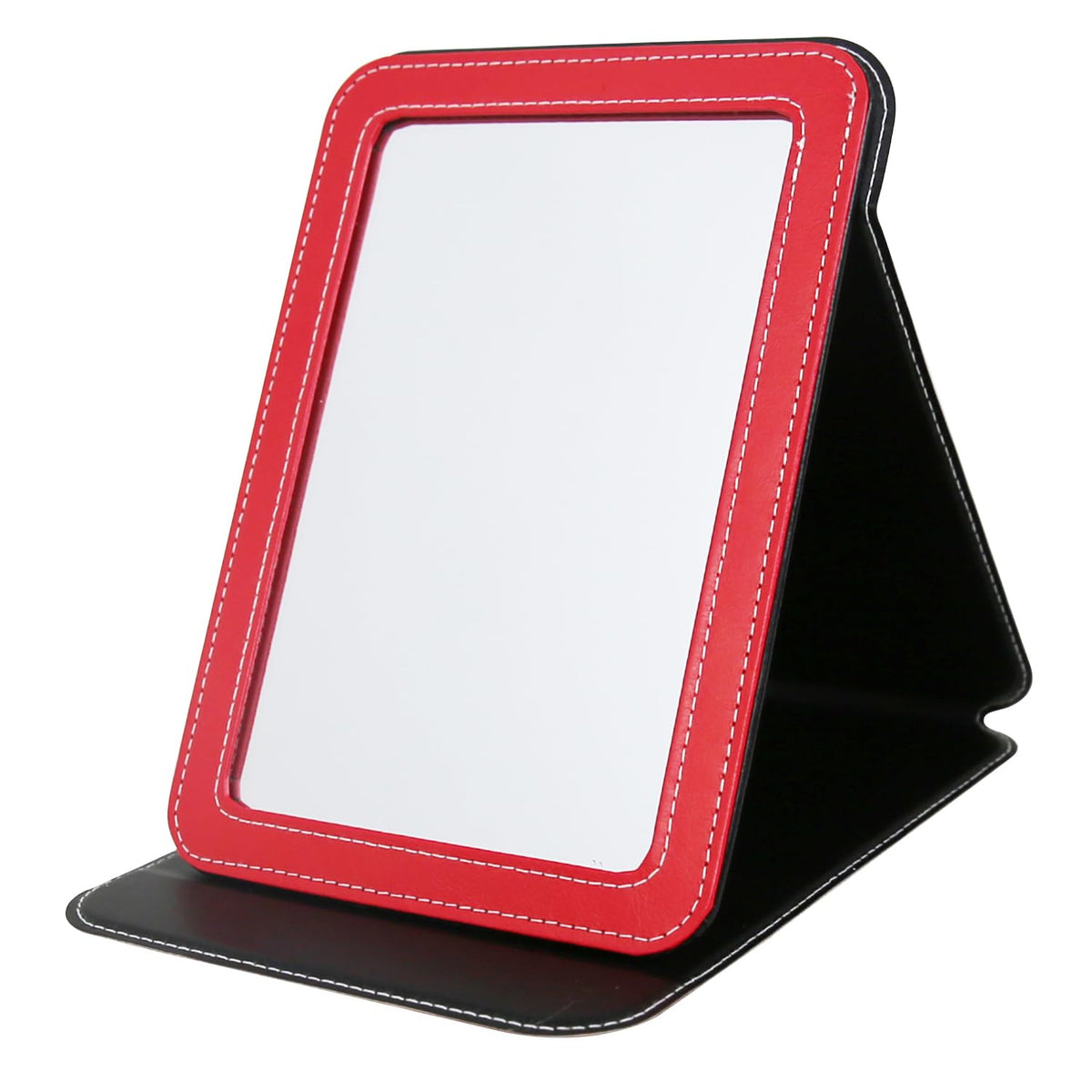 Travel Mirror for Desk, 6.5×8.9” Adjustable Rectangle PU Edge Covering Black Foldable Desk Mirror with Stand for Travel Camping Home (Black)