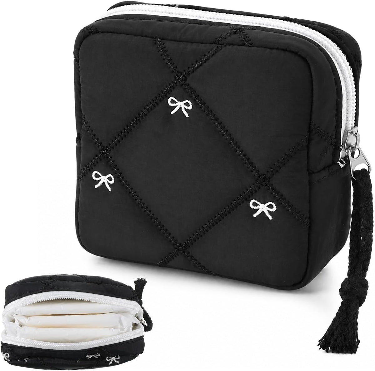 Grevosea Period Bag for Teen Girls, Cute Bow Period Pouch Sanitary Pad Pouch Storage Bag Tampon Holder for Purse Teen Period Kit Gifts (Black)