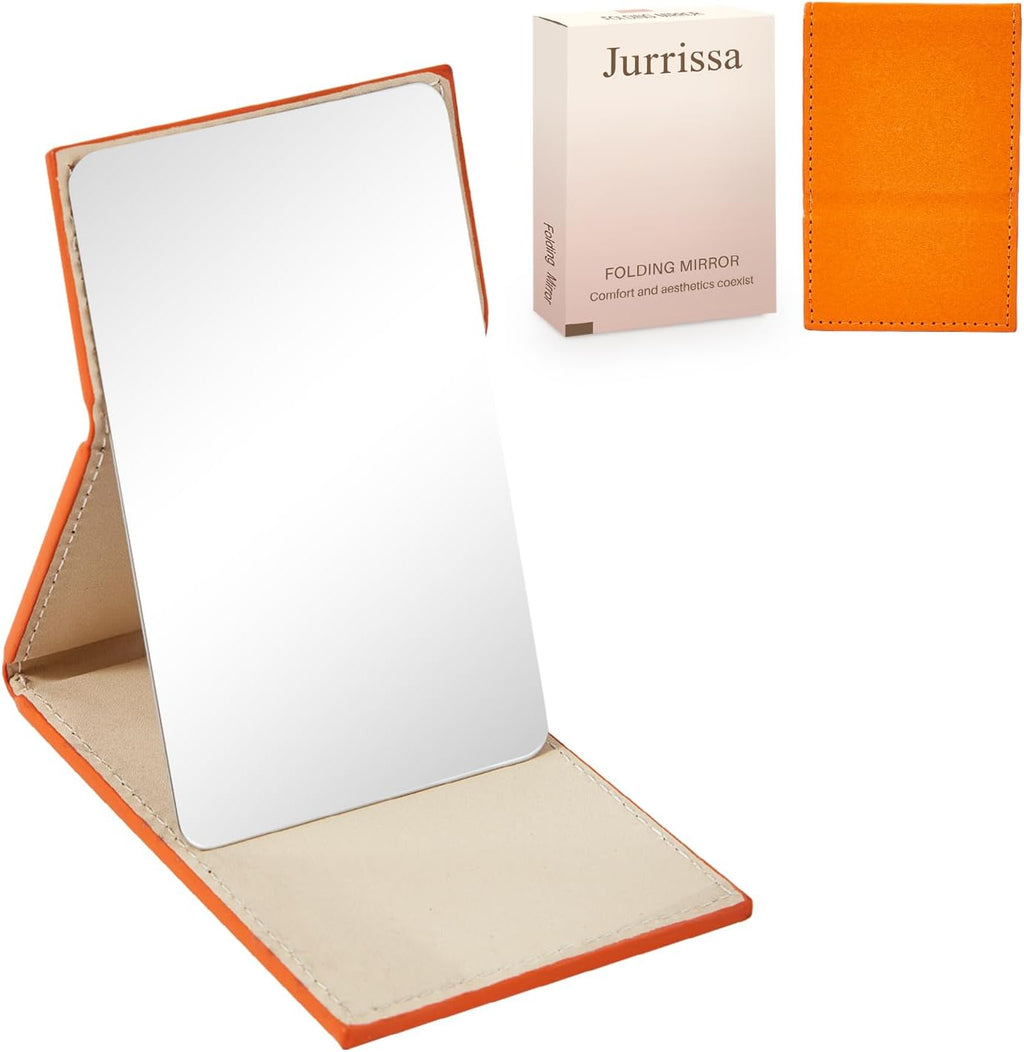 Compact Folding Mirror, 3.9" Stainless Steel Travel Mirror with PU Leather Case Cover for Makeup, Small Handheld Mirror for Pocket Purse, Mini Foldable Mirrors with Stand(Orange)