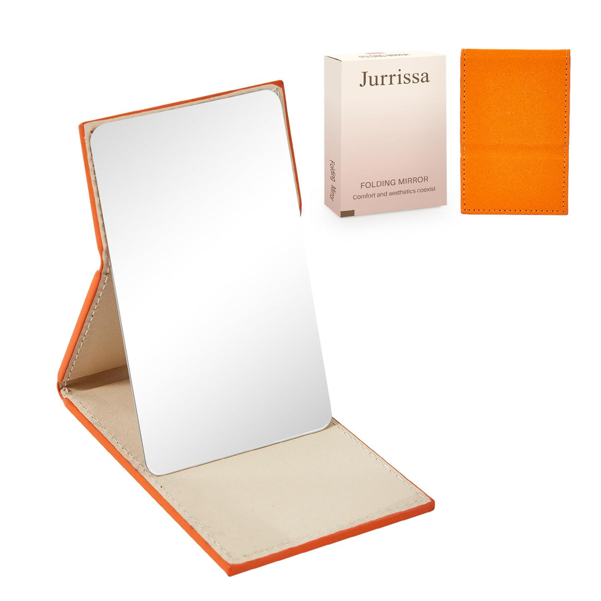 Compact Folding Mirror, 3.9" Stainless Steel Travel Mirror with PU Leather Case Cover for Makeup, Small Handheld Mirror for Pocket Purse, Mini Foldable Mirrors with Stand(Orange)