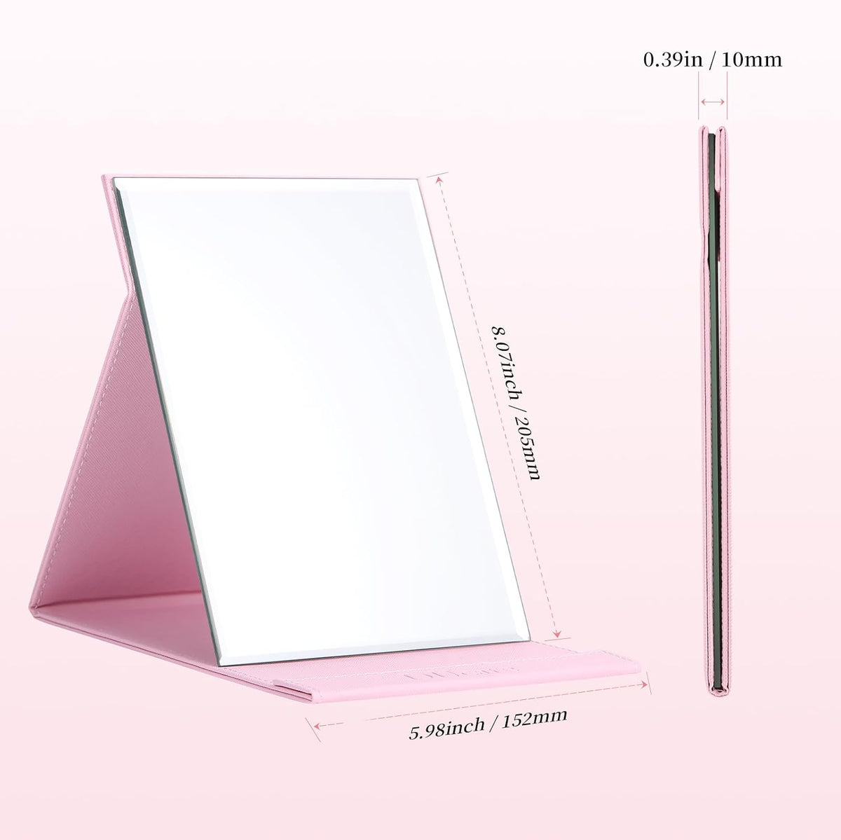 DUcare Folding Table Mirror 6x8 Inch - Portable Desk & Travel Mirror with PU Leather Cover, Adjustable Stand for Makeup, Shaving, Crafting, Pink