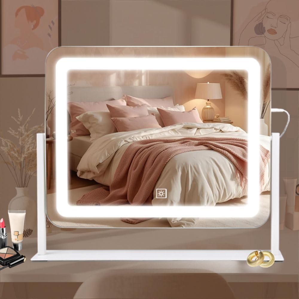 Vanity Mirror with Lights 6x8 Inch, Rechargeable Makeup Mirror for Desk, 3-Color Lighting & Touch Control Tabletop Mirror Lights, Portable Cordless Travel Mirror