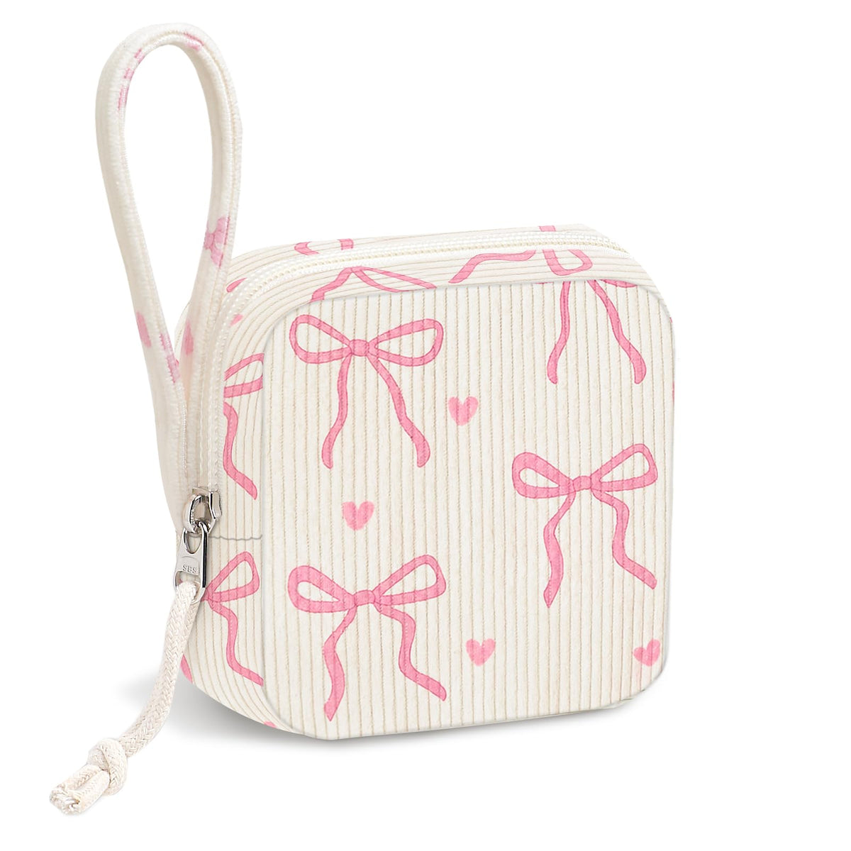 Corduroy Period Pouch for Women, Cute Sanitary Pad Pouch with Zipper, Portable Tampon Holder for Purse, Sanitary Napkin Storage Bag for Travel (Stripes Brown White)