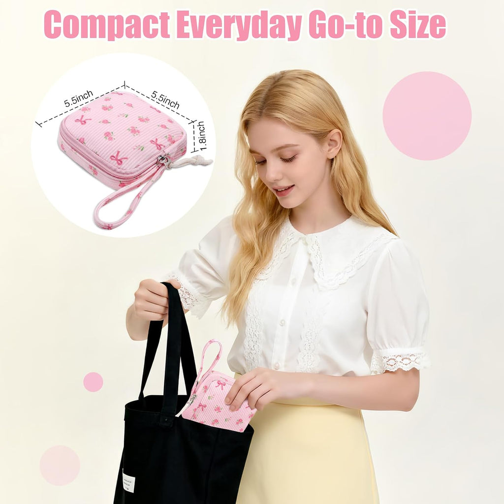 Small Makeup Bag | Discreet Period Bag Pad Pouch for Purse| Sanitary Napkin Storage & Tampon Holder for Travel(Flower bow pink)