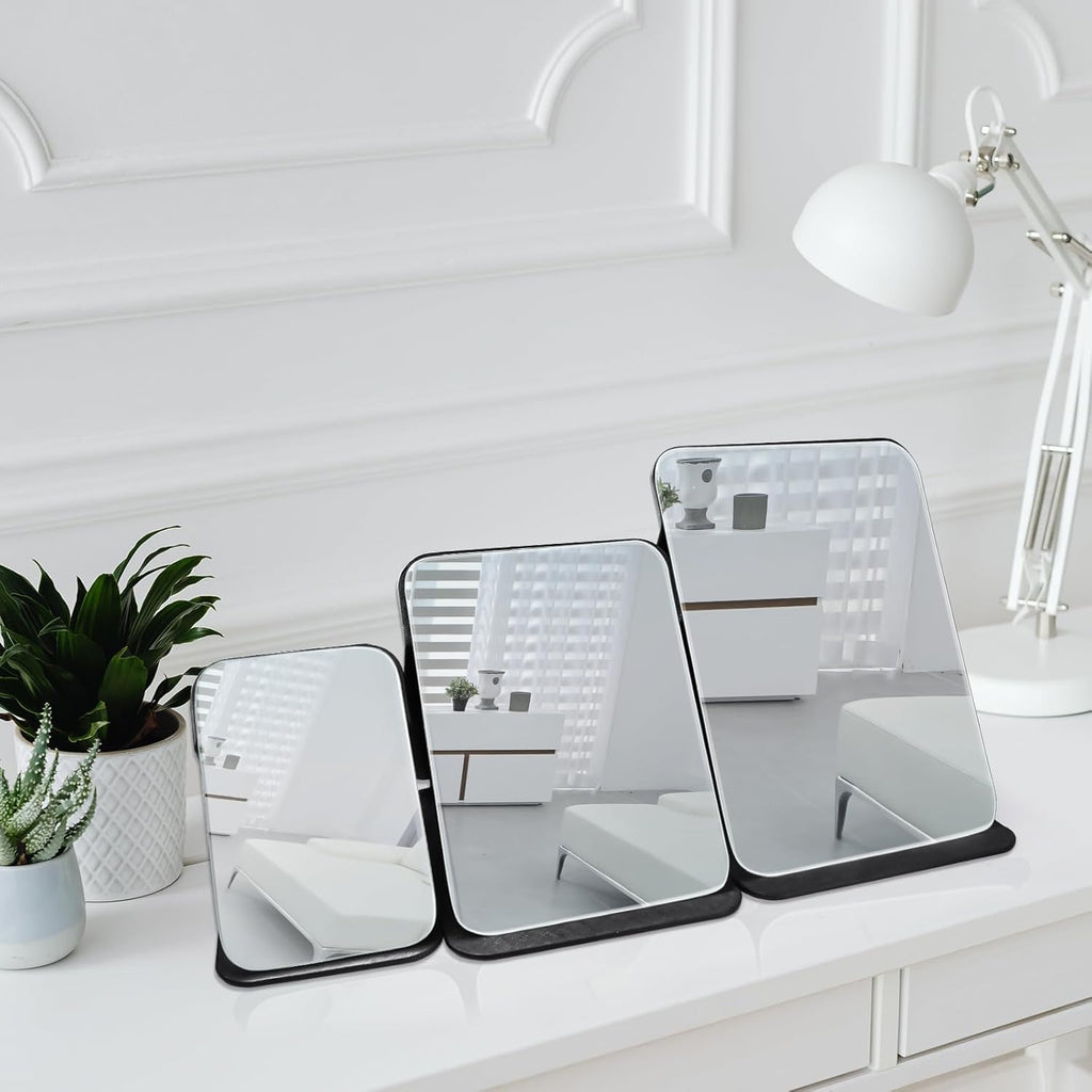 Makeup Mirror, 6x8 Inches Portable PU Leather Mirror, Folding Desktop Vanity Mirror with Adjustable Stand for Vanity Table, Office, Travel (M, Black)