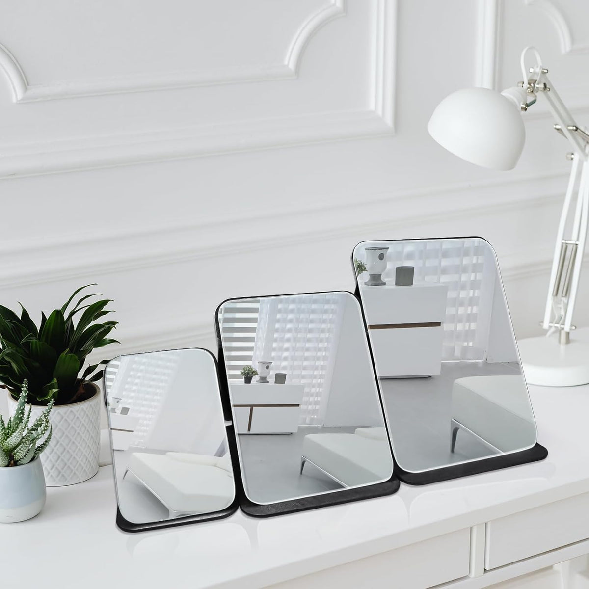 Makeup Mirror, 6x8 Inches Portable PU Leather Mirror, Folding Desktop Vanity Mirror with Adjustable Stand for Vanity Table, Office, Travel (M, Black)