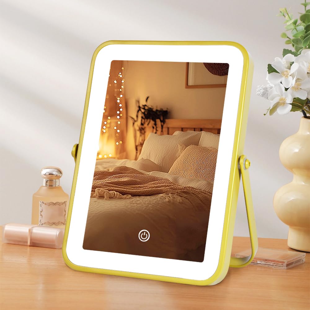 YEKKOPT Rechargeable Vanity Mirror with Lights,Desk Makeup Mirror with Lights,Portable Travel for Makeup Desk ＆ Dressing Room,3 Color Lighting, Dimmable Touch Screen