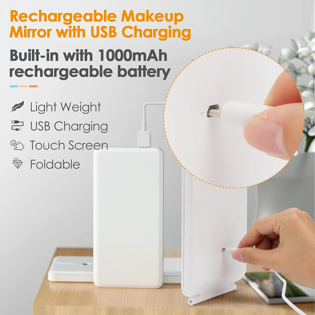 DenCert Rechargeable Travel Makeup Mirror 72 LED Lighted Compact Slim Vanity with Lights 3 Lighting Modes Dimmable Touch Screen (White),(DenCert)