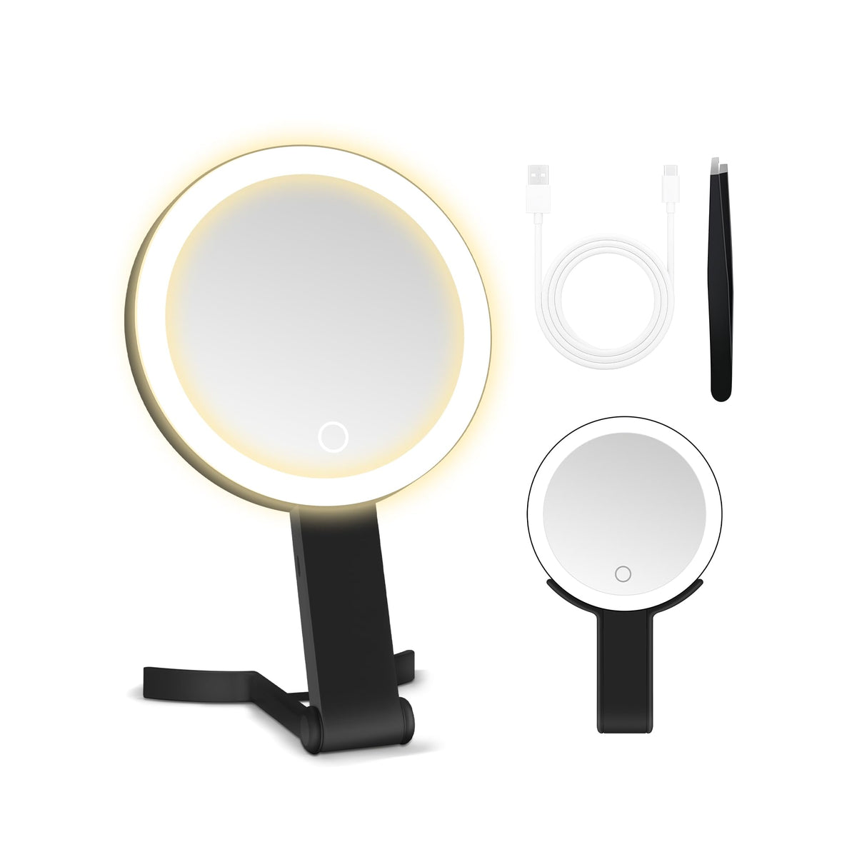 MIYADIVA Travel Makeup Mirror with Lights, Height Adjustable 30X/1X Double-Sided Magnifying Mirror, Portable Vanity Mirror with Tweezers, Handheld Tabletop Hanging, White