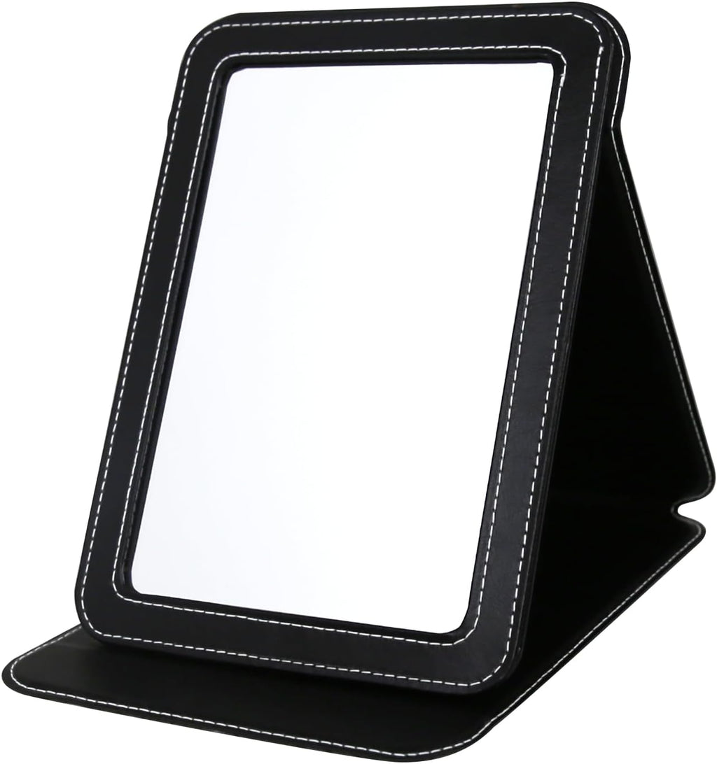 Travel Mirror for Desk, 6.5×8.9” Adjustable Rectangle PU Edge Covering Black Foldable Desk Mirror with Stand for Travel Camping Home (Black)