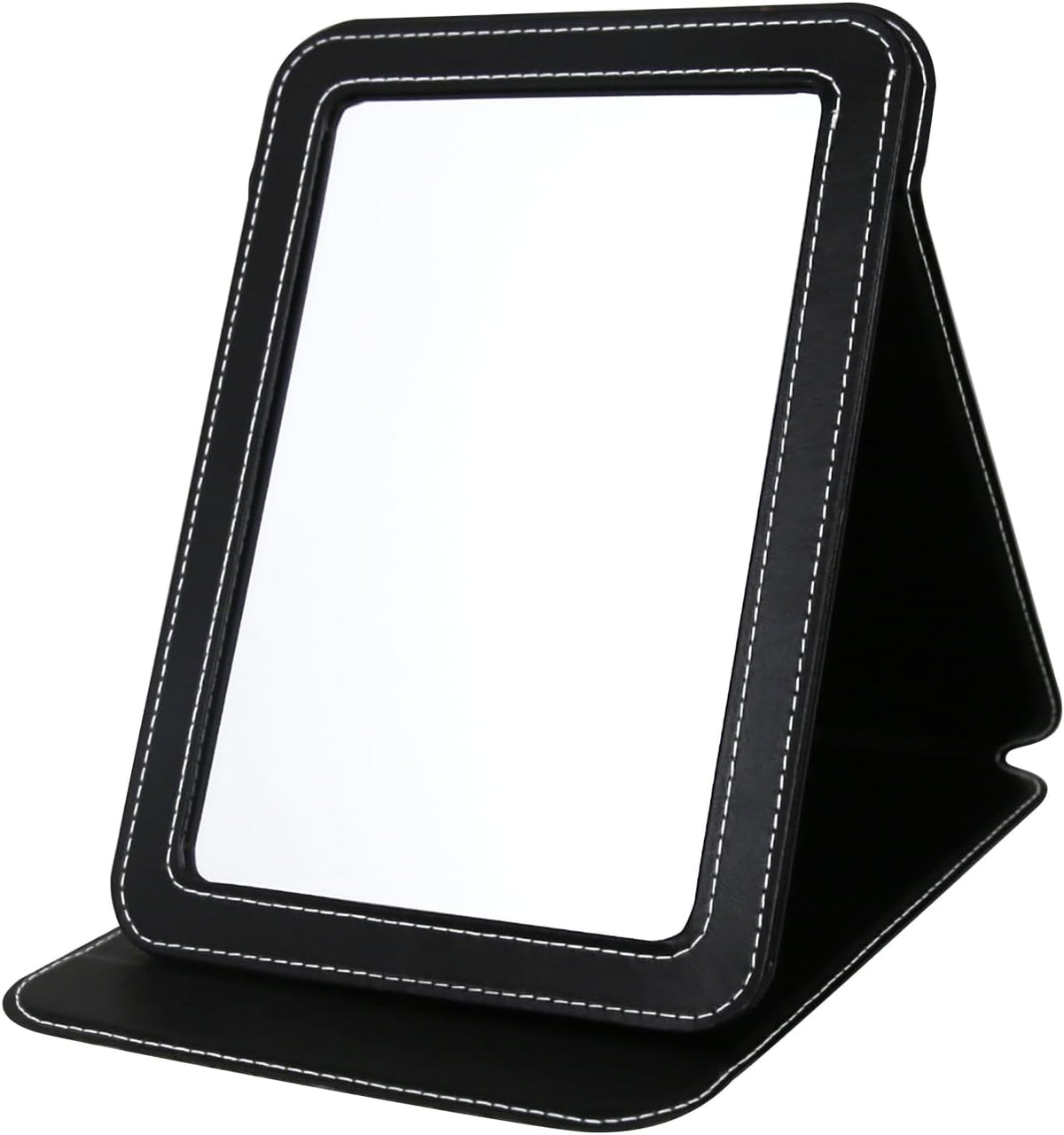 Travel Mirror for Desk, 6.5×8.9” Adjustable Rectangle PU Edge Covering Black Foldable Desk Mirror with Stand for Travel Camping Home (Black)