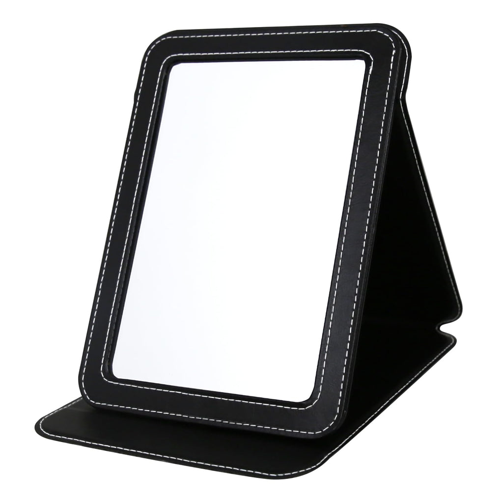 Travel Mirror for Desk, 6.5×8.9” Adjustable Rectangle PU Edge Covering Black Foldable Desk Mirror with Stand for Travel Camping Home (Black)