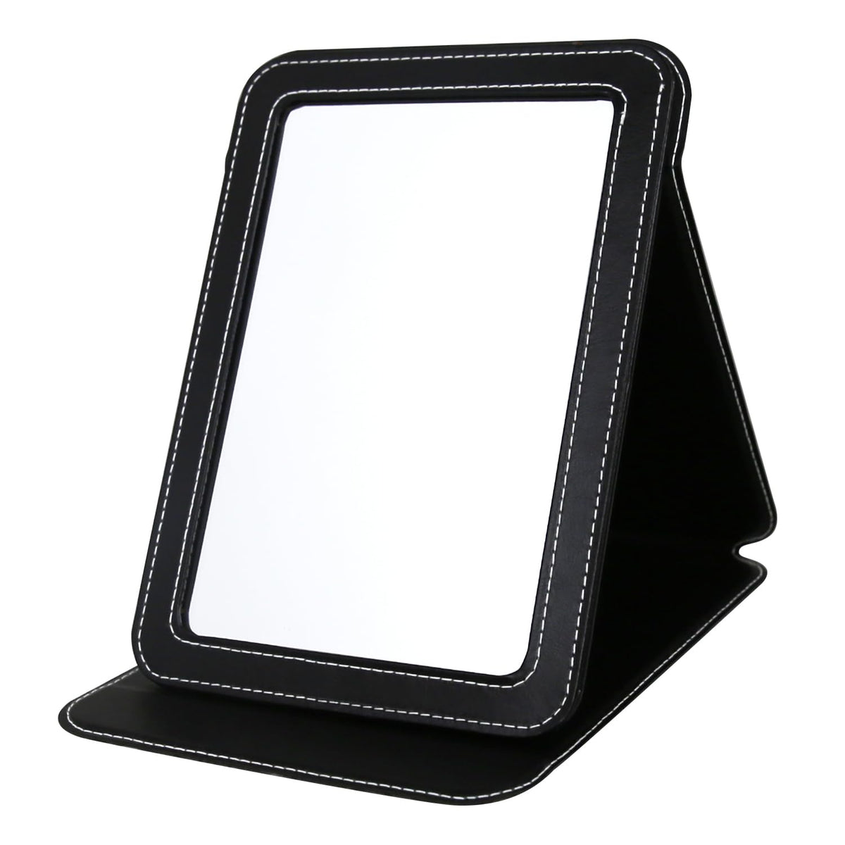 Travel Mirror for Desk, 6.5×8.9” Adjustable Rectangle PU Edge Covering Black Foldable Desk Mirror with Stand for Travel Camping Home (Black)
