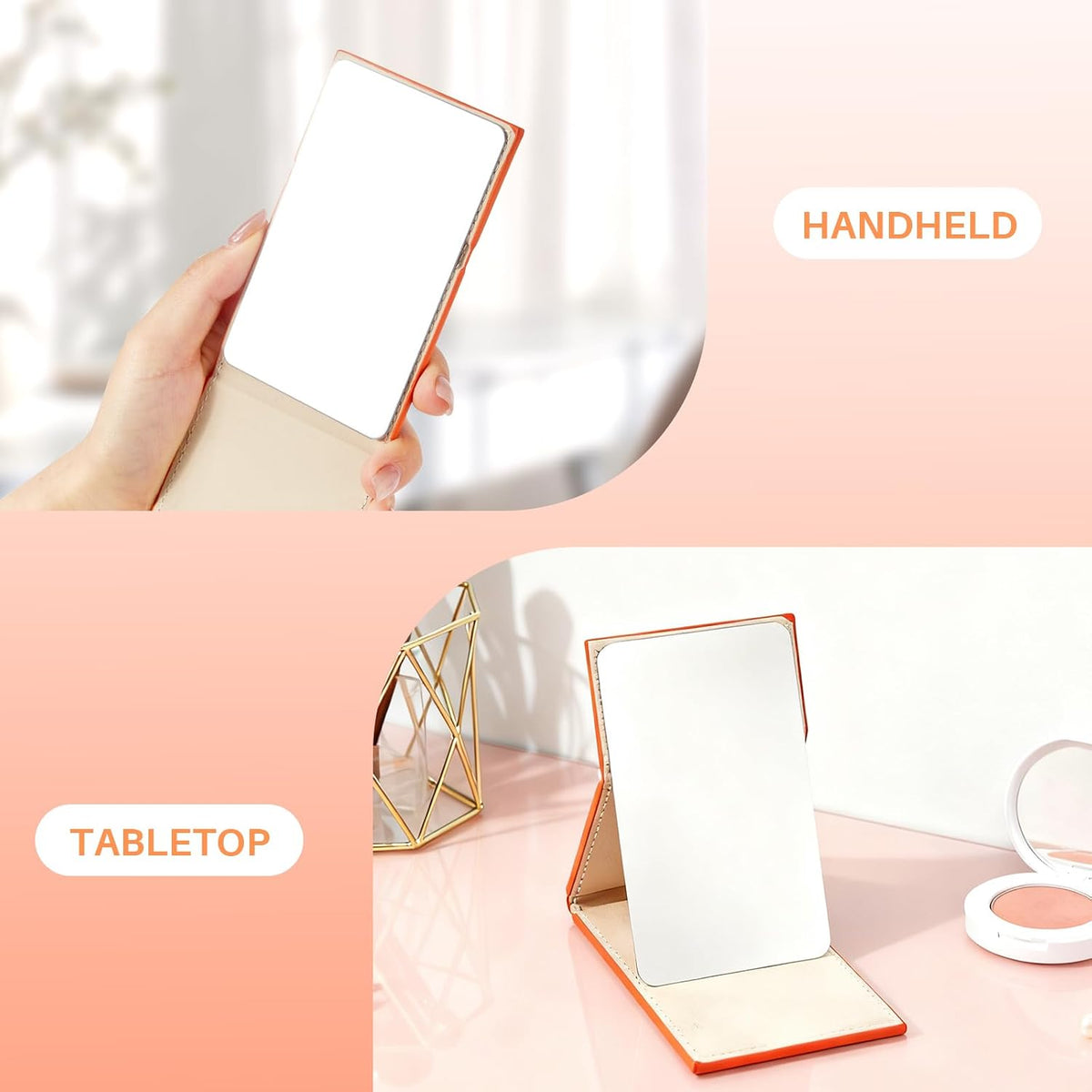 Compact Folding Mirror, 3.9" Stainless Steel Travel Mirror with PU Leather Case Cover for Makeup, Small Handheld Mirror for Pocket Purse, Mini Foldable Mirrors with Stand(Orange)