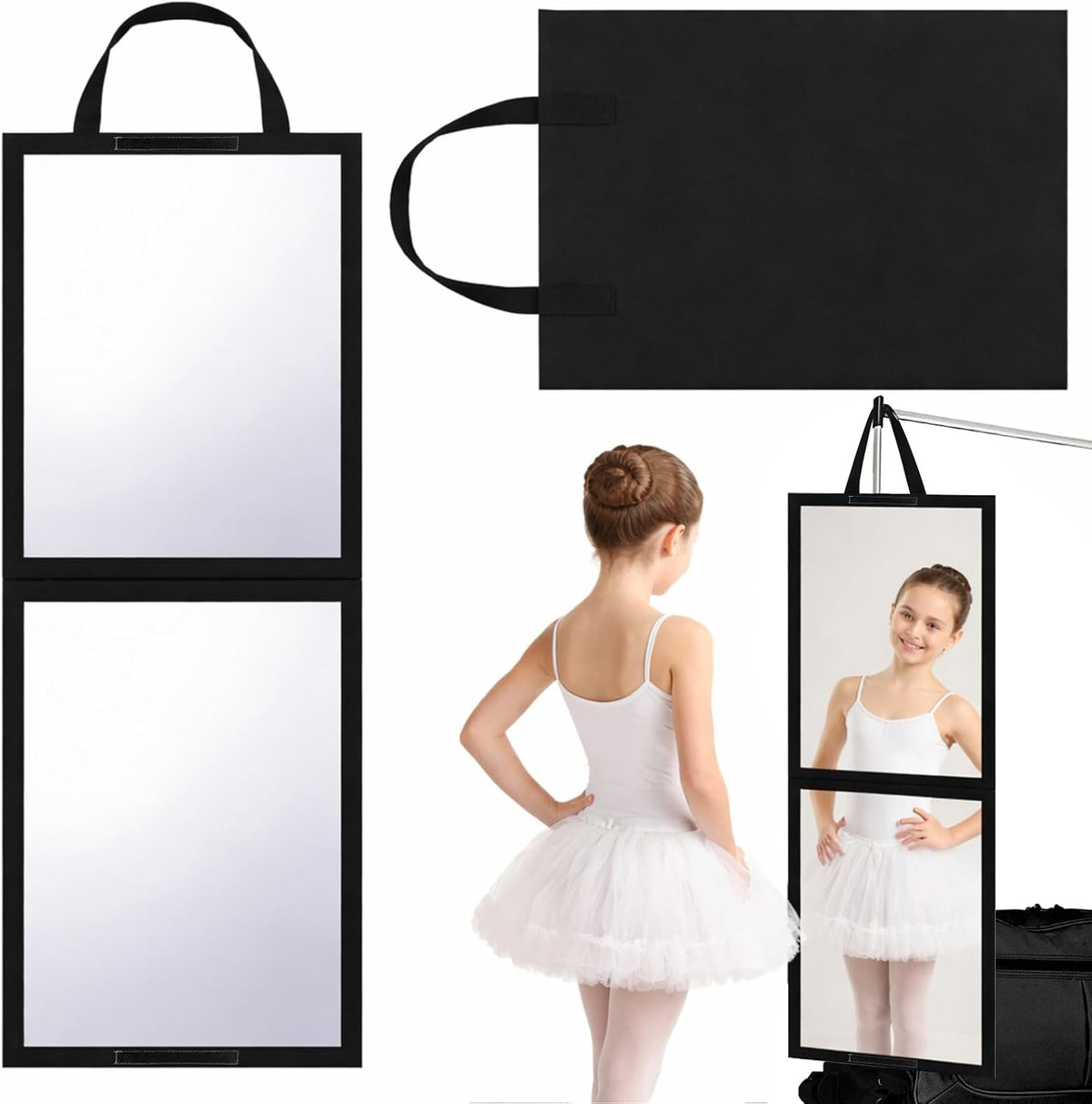GlikCeil Foldable Portable Full Length Mirror for Dancer, Camping, Travel Black 33.5" x 13.4" Portable Hanging Folding Mirror with Handle for Dance Competition Travel Full Body Backstage Mirrors