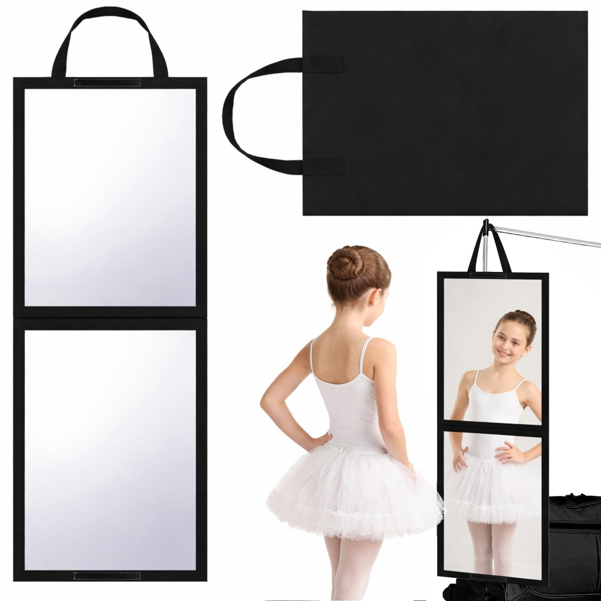 GlikCeil Foldable Portable Full Length Mirror for Dancer, Camping, Travel Black 33.5" x 13.4" Portable Hanging Folding Mirror with Handle for Dance Competition Travel Full Body Backstage Mirrors